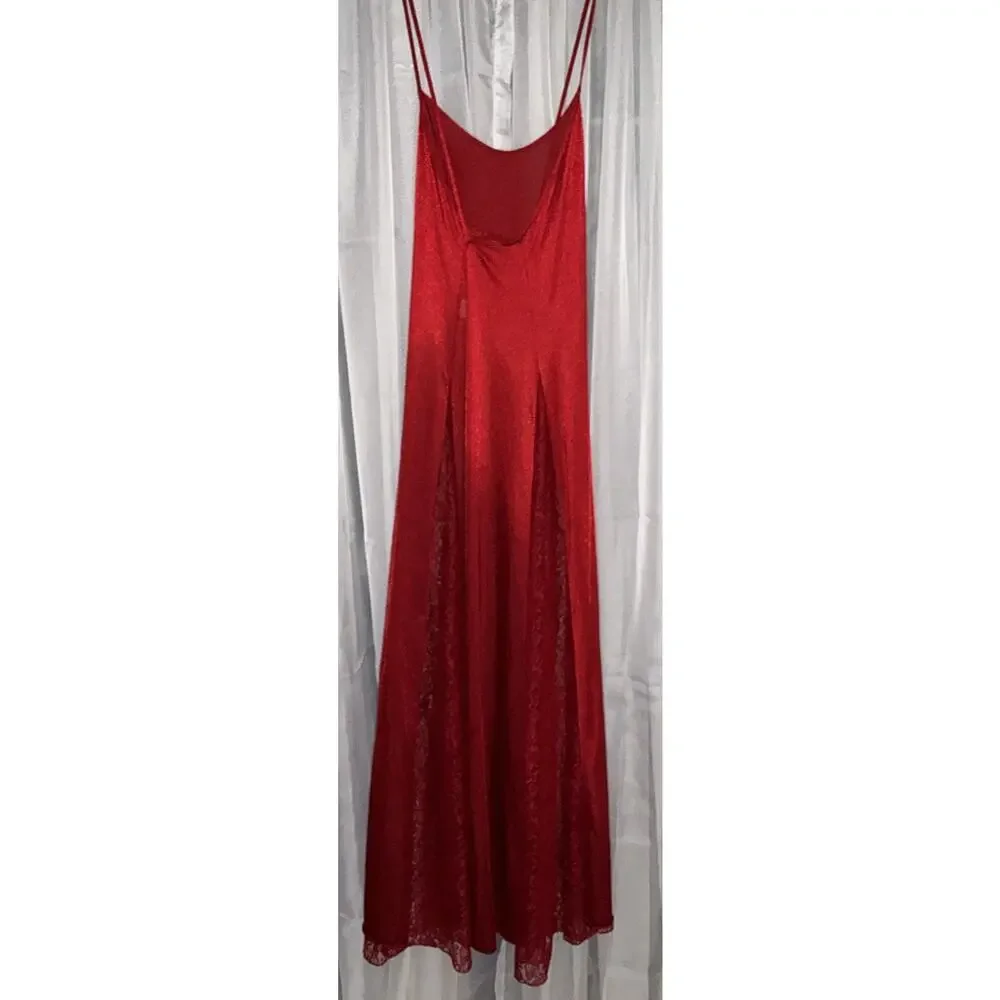 Vintage Petra Fashions Rich Crimson Red Silky Nightgown Lace Inset Panels Sz XL